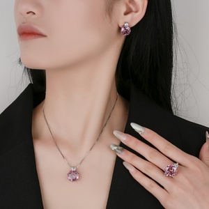 Fashion Eco-friendly Copper Rose Cut 14-12mm Pink Cubic Zirconia Necklace and Earrings <b>Rings</b> Minimalist Jewelry <b>Set</b> for <b>Women</b> - Product Image 6