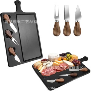 Cheese Board <b>Set</b> With Knives And Forks For Serving Cheese And Charcuterie Durable Black Cutting Board With Wooden Handles - Product Image 5