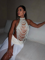 YXY-215 Collier ras du cou multi-couches en perles blanches fait main pour femmes, veste superposée, camisole, bijoux de corps, sexy, chaîne de corps à pampilles