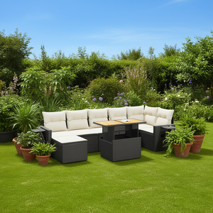 Ensemble de salon de jardin en rotin blanc crème et noir avec table pour usage extérieur, 6 places, design contemporain - Product Image 2