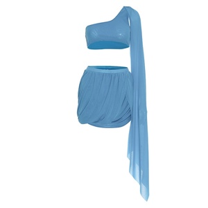 Viviblook J25ST229 nuevo conjunto de dos piezas para mujer Color sólido Slash cuello sin tirantes chal Top Slit falda conjunto para damas - Product Image 6