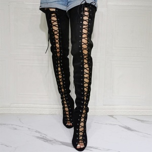 Bottes longues sexy à lacets pour femme, talon haut, bout ouvert, grande taille, idéales pour l'été et les jambes larges - Product Image 1