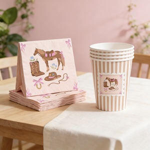 ชุดอุปกรณ์จัดงานวันเกิดเด็กผู้หญิงลายม้า DAMAI พร้อมโบว์สีน้ำตาล รูปม้า ของใช้บนโต๊ะอาหารแบบใช้แล้วทิ้ง กระดาษเช็ดปาก แก้ว จาน - Product Image 2