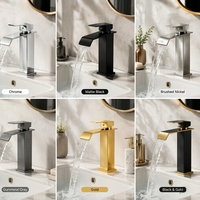Keran Wastafel Air Terjun Persegi Modern dari Baja Tahan Karat Chrome dengan Pegangan Tunggal, Pemasangan di Dek Satu Lubang, Inti Katup Keramik Terukur.