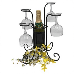 Iron Wine Bottle Holder With 4 Glass Stands Antique Style <b>Metal</b> Display <b>Rack</b> For Home Furniture - Product Image 3