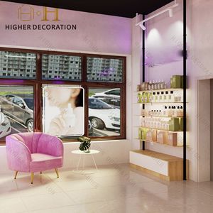 Moderno Exhibidor de Cosméticos Rosa y Blanco, Mueble de Tienda con Iluminación de Halo Morado para Tienda de Maquillaje - Product Image 2
