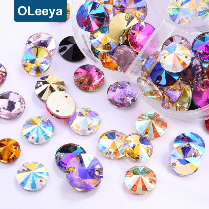 Full Colors K9 Glass Crystal Sewing Round Diamond 12mm Rivoli Flatback Strass Rhinestone Applique Sew on Bridal Wedding Dressing