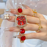 Set hadiah jam tangan perempuan, Set jam tangan minimalis emas ramping wanita kuarsa persegi hijau