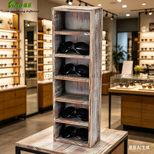 Expositor de Gafas de Sol Moderno Rústico de Madera Pulida y Quemada, Personalizable, de 5 Niveles, Independiente, Fácil de Montar, Elegante y Plegable - Product Image 2