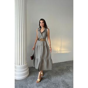 VESTIDO DE MUSLINA SIN MANGAS CON CUELLO GRIS MEDIO, ESTILO CASUAL - Product Image 2