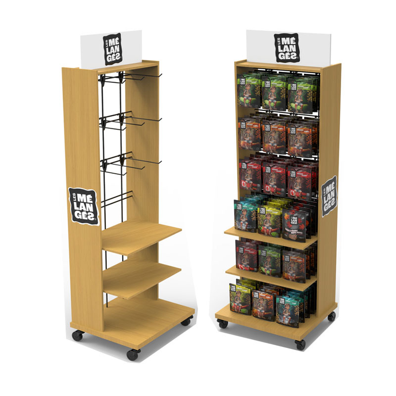 Apache Custom Floor Peanut Display Stand for Snack Shop Wooden Mobile Rack Hanging Hook Shelf Multi Tier Retail Store Wholesale