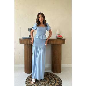 Ensemble de vêtements en lin bleu Gipeli pour femmes, manches courtes, style Prairie Chic, respirant, ensemble de robe deux pièces tendance - Product Image 4