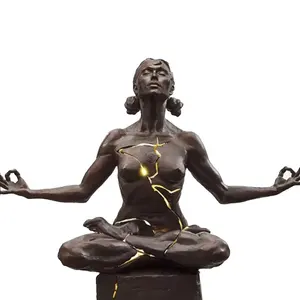 Expansão de arte personalizada bronze nuo senhora estatueta de yoga escultura led iluminação sentado dentro estátua de bronze