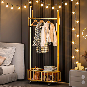 Multi-Functional Simple Floor <b>Stand</b> Folding Rack Double Universal Wheels Storage Basket Iron Cloth <b>Hanger</b> Clothes Living Room - Product Image 2