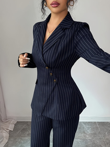 <span class=keywords><strong>Traje</strong></span> Formal Elegante de 2 Piezas para <span class=keywords><strong>Mujer</strong></span> con Rayas, Cuello en V, 6 Botones, Doble Abertura y Pantalones, Precio Bajo al por Mayor - Product Image 3