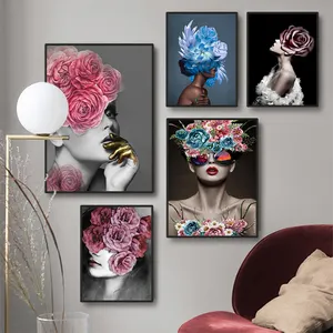 Nordic Style Home Decor Poster Living Room Wall Art Picture Flower On The Head With Gold Women Oil Painting Print On Canvas