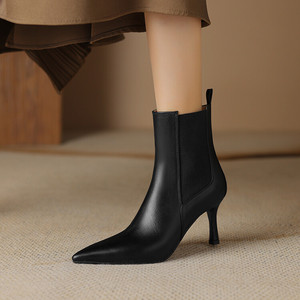 Sexy bout pointu femmes bottes courtes femmes élégantes en cuir véritable chaussures de fête élastique mince talons hauts bottines pour dame - Product Image 3