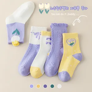 Meias infantis de algodão para crianças, meias com laço de flores roxas, novidade criativa para meninas, meias para presentes, fabricante