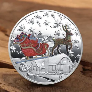 Оптовая продажа, изготовление на заказ, металлическая золотистая серебряная круглая форма, Рождественская декоративная монета, пожелание Санта-Клауса