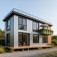 Maison portable en structure acier avec plateforme de toit, escalier extérieur et plan ouvert moderne