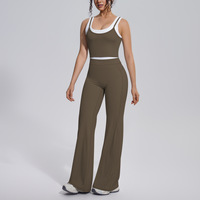 Gebreide kleurblok U-hals tanktop dames yogaset met hoge taille wijde pijpen broek voor buitensport fitness workout