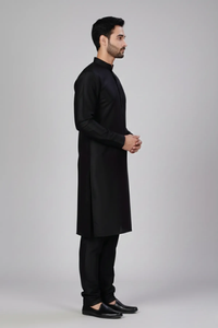 <b>Men</b> Black Solid Dupion Silk Straight <b>Kurta</b> with <b>Pajamas</b> Traditional Ethnic Wear for Festive Occasions and Celebrations - Product Image 2