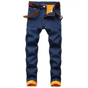 Groothandel Heren Pent Blauwe Jeans Broek Heren Winter Fleece Warme Jeans Rechte Slanke Heren Denim Broek