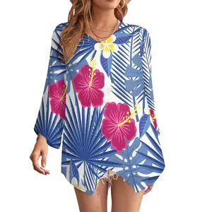 New Spring Autumn Womens Clothing Hawaiian Tropical Flowers Printed Women Blouses Shirts Irregular Hem Long Sleeve Chiffon Tops
