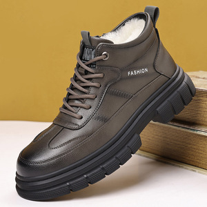Bottes d'hiver pour hommes en cuir fendu, doublure chaude en fourrure, semelle extérieure en caoutchouc, antidérapantes, bout rond, semelle intermédiaire en EVA - Product Image 1