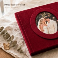 Album photo de mariage personnalisé en velours avec fenêtre découpée, pages rigides épaisses à ouverture plate pour impression en studio photo
