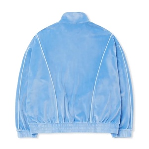 <b>Men</b> Custom Logo Stand Collar Velour Track <b>Jacket</b> Light Blue Zip-Up <b>White</b> Piping Oversized Streetwear Athletic Outerwear - Product Image 2