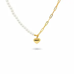 Freshwater Pearl Bead Heart Necklace Stainless Steel 18k Gold Plated Link Chain Fashion Jewelry For Lover Women Gift