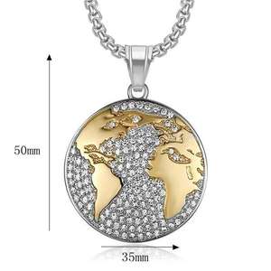 Hip Hop ghiacciato diamante mappa del mondo a prova di acqua Pvd in acciaio inossidabile moneta di moda gioielli ciondoli collane placcato oro 18K donne - Product Image 1