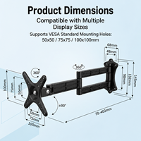 Support mural pour téléviseur pliable et réglable en alliage d'aluminium, rotation inclinable à 360°, pour moniteurs LCD de 32 pouces, capacité de charge de 10 kg, noir/argent