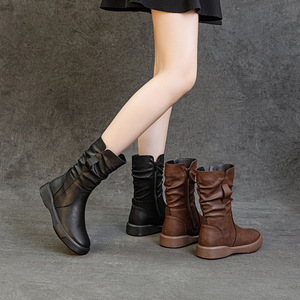 Wrinkle Cowhide Hot Sale Women Side Zip <strong>Slouch</strong> Stacked Mid Calf <strong>Boots</strong> 4cm Non Slip Platform Rubber Sole Vintage <strong>Boots</strong> - Product Image 4
