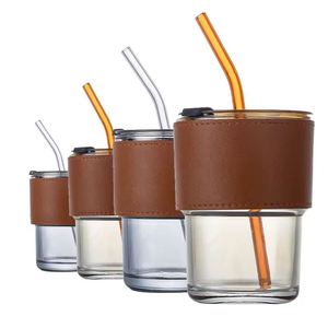 Gobelet en verre transparent personnalisé avec logo imprimé, vente en gros, avec couvercle et paille, tasse à café simple en verre avec étui en cuir et logo personnalisé - Product Image 2