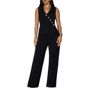 ชุดเซ็ตสองชิ้น เสื้อแขนกุดคอวีติดกระดุมสีพื้นเรียบง่ายและกางเกงขายาวสำหรับผู้หญิงแฟชั่น - Product Image 1