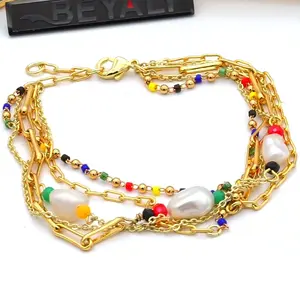 Stone Charm Bracelet Gold Plated 18K Gemstone, Multi Layered Bracelets Women