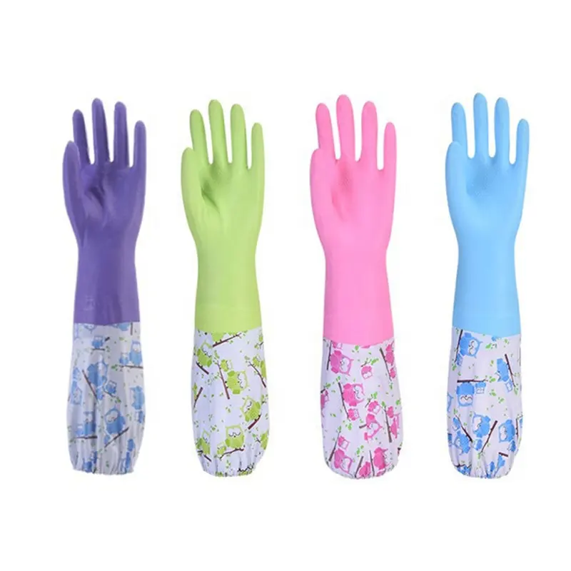Fleece and thick household long bunched PVC gloves Laundry washing dishes Household kitchen protection anti-corrosion gloves