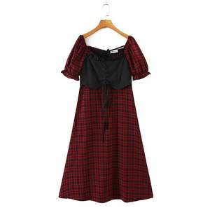 ชุดเดรสลายสก็อตสีแดงของผู้หญิงไซส์พิเศษคอเหลี่ยมผ้าชีฟองสไตล์วินเทจ N8406N8406-1 - Product Image 5