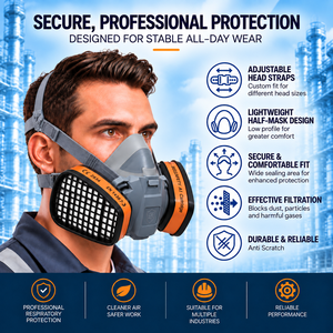 Respirador de media cara con certificación CE, a prueba de polvo, ligero, reutilizable, lavable, con doble filtro de gases ácidos, antivaho, de silicona. - Product Image 2