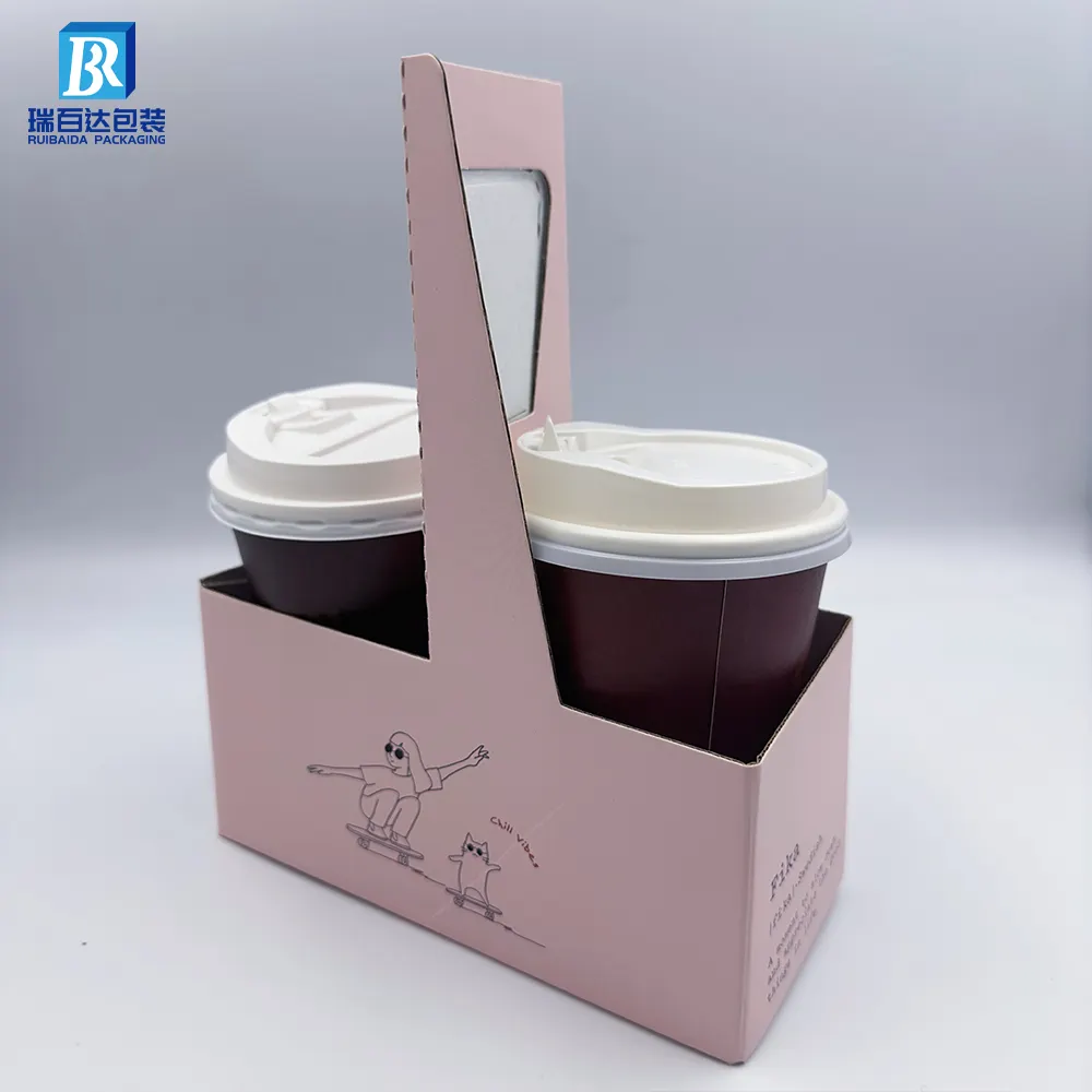 Portable 2/4 Pack Custom Paper Cup Carrier With Handle Takeout Holder Printed Your Own Logo Free Design Kraft Cardboard