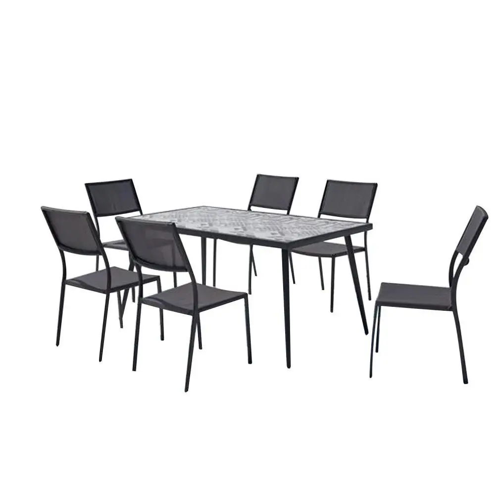 French style 7pcs garden dining set with rectangular ceramic tile top table conical feet and stackable armless dining chairs