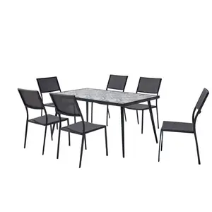 法式7件套花园餐具，配有矩形瓷砖桌面圆锥形支脚和可堆叠无扶手餐椅