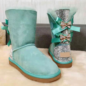 2026 Factory New Fashion Girls Customized Logo Diamond Shinning Warm Winter Women's Medium Snow Boots Sheepskin Boots With Bow - Product Image 3