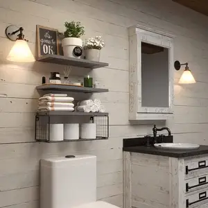 Rak dinding kamar mandi, rak dinding atas Toilet, kayu, rak mengapung dengan keranjang penyimpanan kawat dan bilah handuk