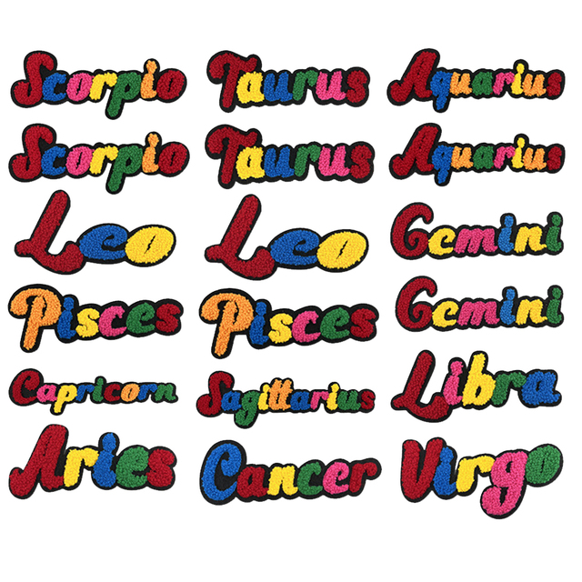 Wholesale Colorful Zodiac Chenille Patches Custom Embroidered Iron on Astrology Name Patch for Clothing Hoodies Bags