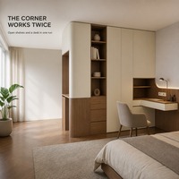 Armoire d'angle avec bibliothèque à bords arrondis et bureau flottant, meuble de rangement en forme de L pour chambre et bureau, éclairage LED, mobilier sur mesure