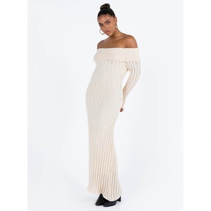 Nouvelle robe longue sexy à épaules dénudées pour femmes européennes et américaines, automne 2023, robe longue à manches longues en tricot - Product Image 5