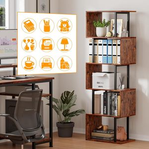 Modern <strong>Tall</strong> S-Shaped Geometric Bookcase Four-Layer Wood Metal <strong>Bookshelf</strong> for Home Office Living Room School/Dining Decorative - Product Image 2